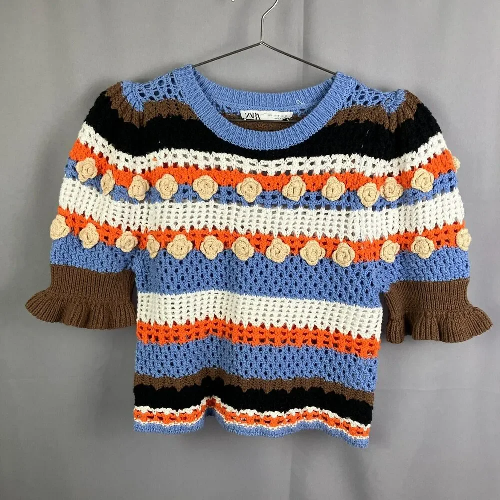 Zara Floral Crochet Sweater S Womens 3D Grannycore Boho Cottagecore Knit
